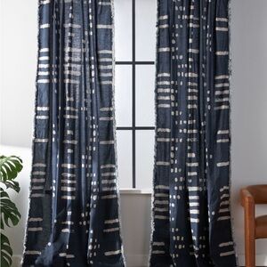 2 panels Anthropologie Navy and White Shibori Fringed Curtains - 84x50